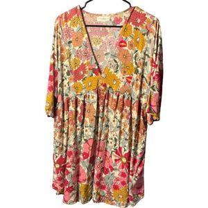 Natural Life Floral Boho Mini Dress Pink Yellow Rayon V-Neck 70s Style Large